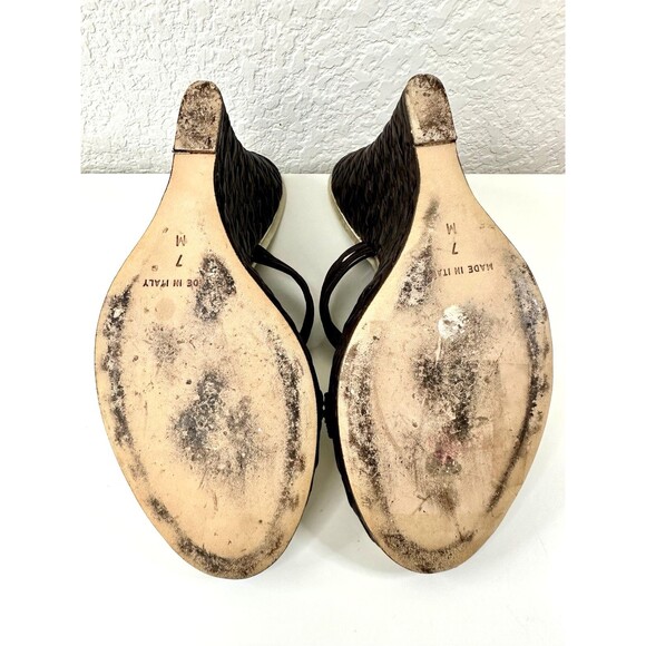 MICHAEL KORS Leather Wedge Sandals Woven Strappy Slip-On Heels Sz 7 6.5 Vintage - Picture 5 of 10